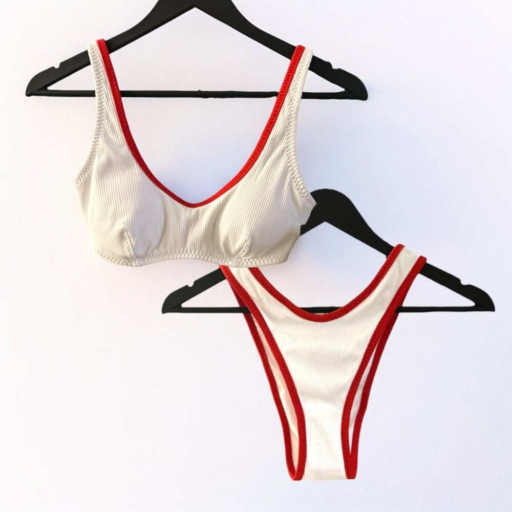 Fabletics Coastline Rib Bikini Set - White/Red - TOP is SM BOTTOM IS XS